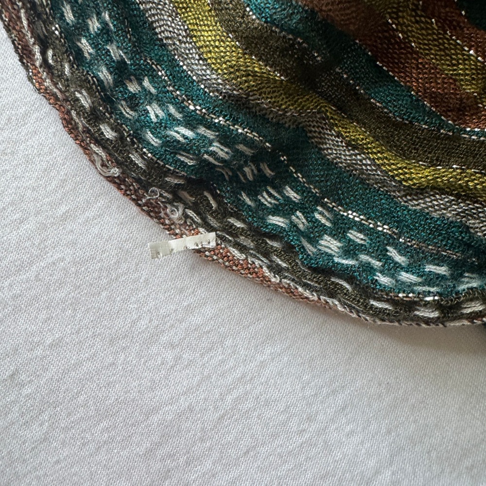 Striped Metallic Shimmer Fringe Shawl Scarf Green Brown Boho Chic Retro Artisan - Picture 6 of 8